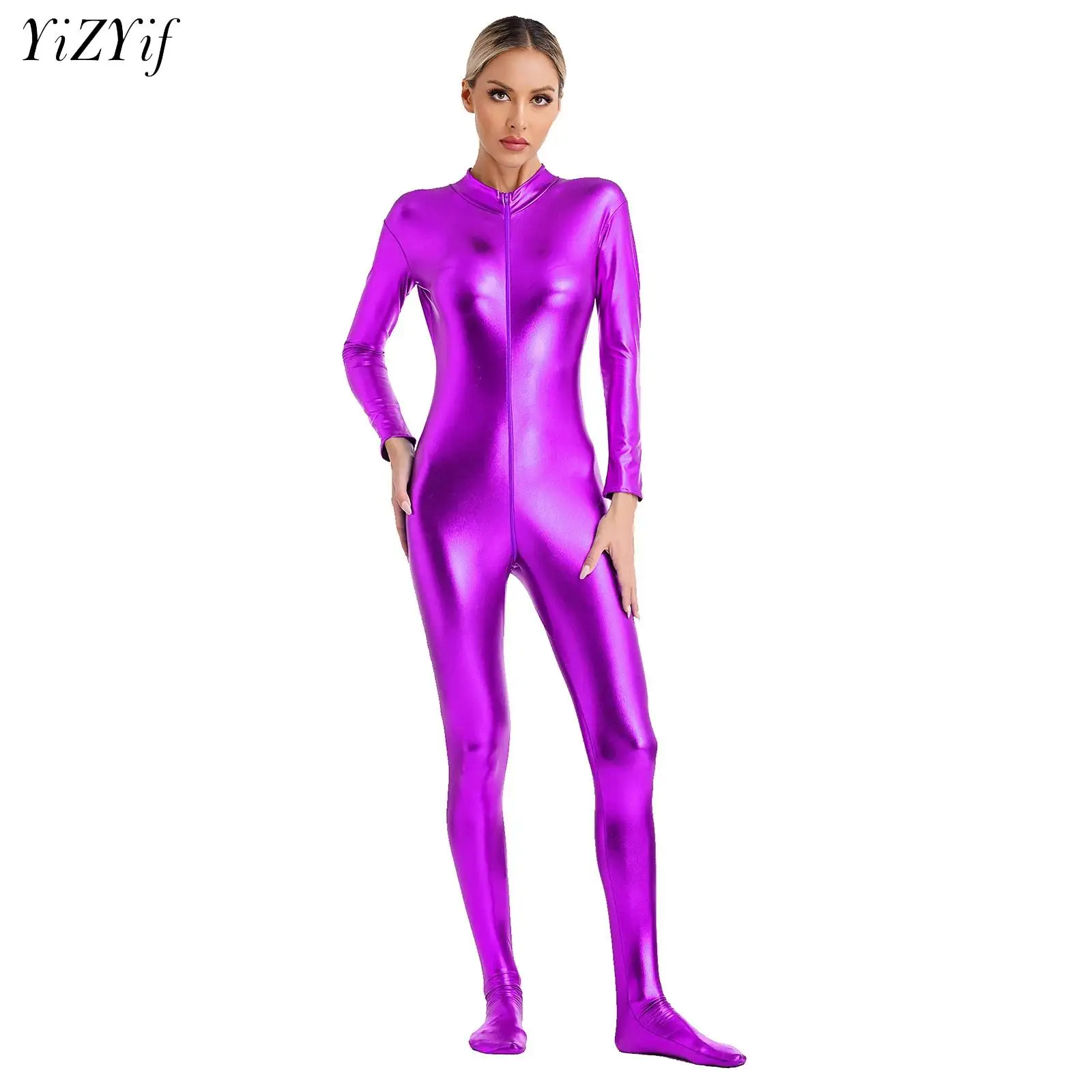 

Wet Look Womens Shiny Metallic Jumpsuit Full Body Suit Overall Long Sleeve Zipper Jersey Unitard Tights for Performance Clubwear