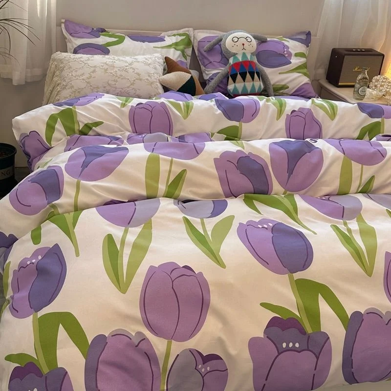 

Tulips Duvet Cover Set With Flat Bed Sheet Pillowcases Fashion Twin Double Queen Size Bed Linen Soft Boys Girls Bedding Kit