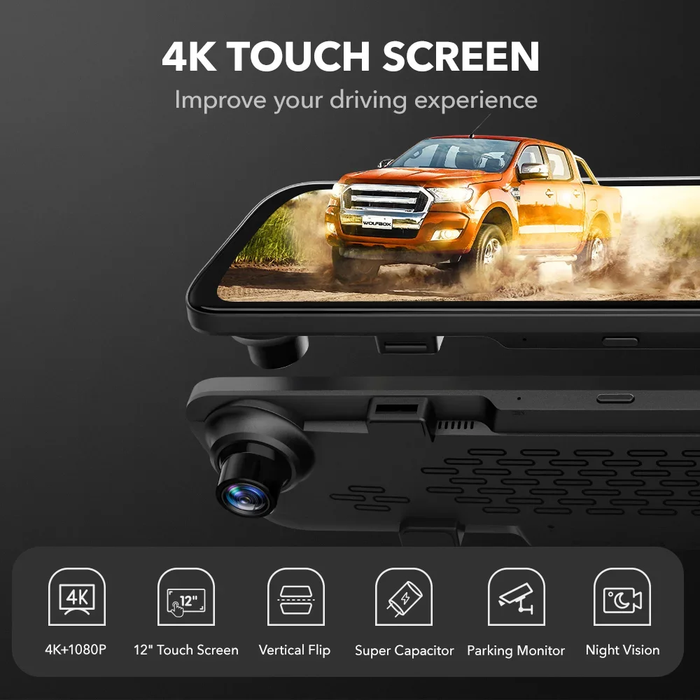 WOLFBOX G840S 12"IPS Dash Camera 4K Rearview Dash Cam GPS Video Recorder Night Vision HD Dual Cameras Car Dvr Parking Monitor - 2