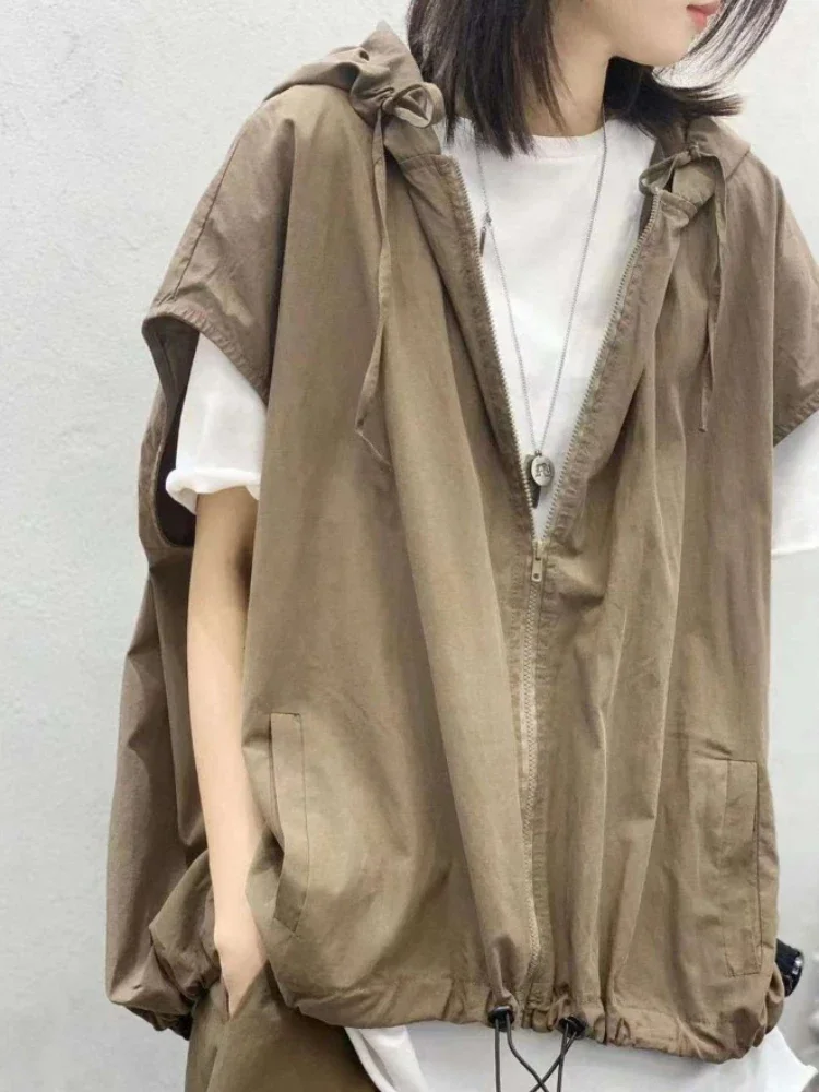 Deeptown-Women's Harajuku Hooded Sleeveless Cardigan, Vintage Hip Hop Zipper, Oversized Cargo Vest, Japan Style, Casual Thin Jac