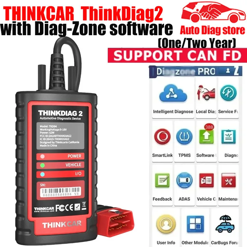 THINKCAR ThinkDiag 2 THINKDIAG2 z D-Z 1/2 lat obsługi oprogramowania może protokół FD 16 funkcja resetowania OBD2 narzędzie diagnostyczne DBSCAR