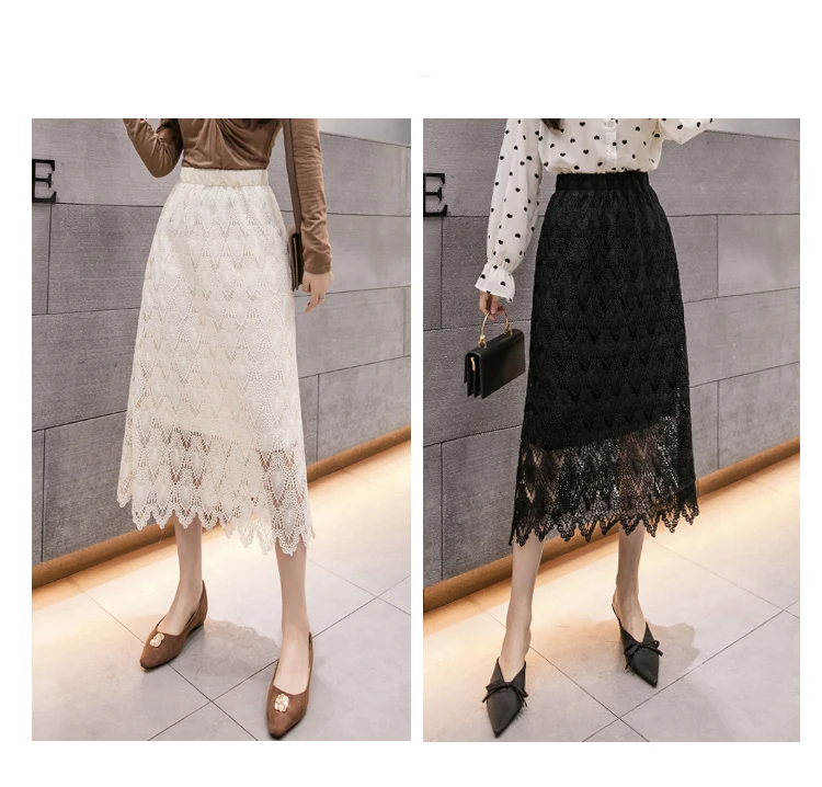 Lace Skirts Womens Korean Fashion Solid Color Elastic High Waist Ladies Skirt Hollow Out 2021Spring Wild Slim Midi Skirts Female crop top and skirt