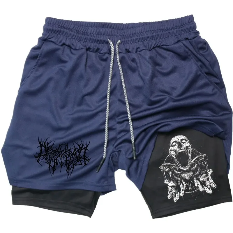 Y2K Performance Men Quick-drying Fitness Skull Print Double Layer Shorts Workout Training Running Bodybuilding work short pants 3