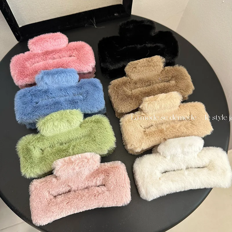 New Faux Fur Hair Claw Clips Large Hollowed Rectangle Solid Color Plush Shark Clip Clamps Grab Girls Women Hair Accessories