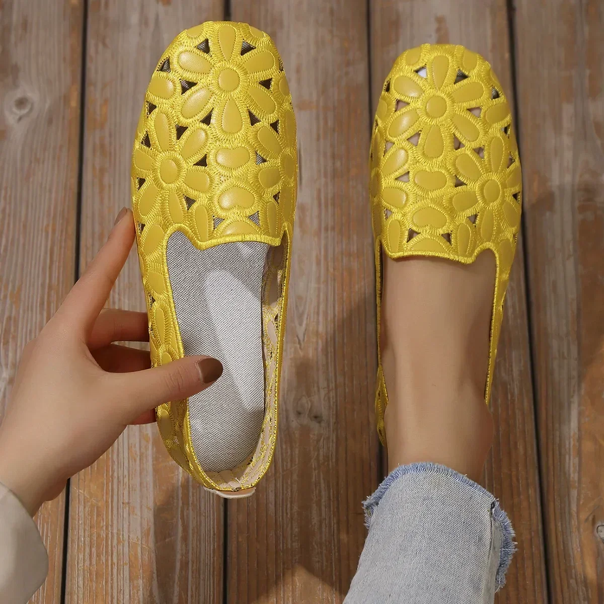 Women Flats Slip on Loafers Foldable Flats for Women Square Toe Single Shoes Hollow Out Fashion Party Casual Fashion Women Shoes 5