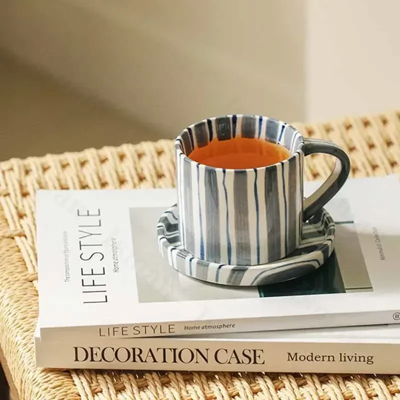 Nordic Ceramic Plate Striped Creative Western Food Dinner Dishes Plates Breakfast Dishe Dessert Plate Coffee Tableware Mug Set