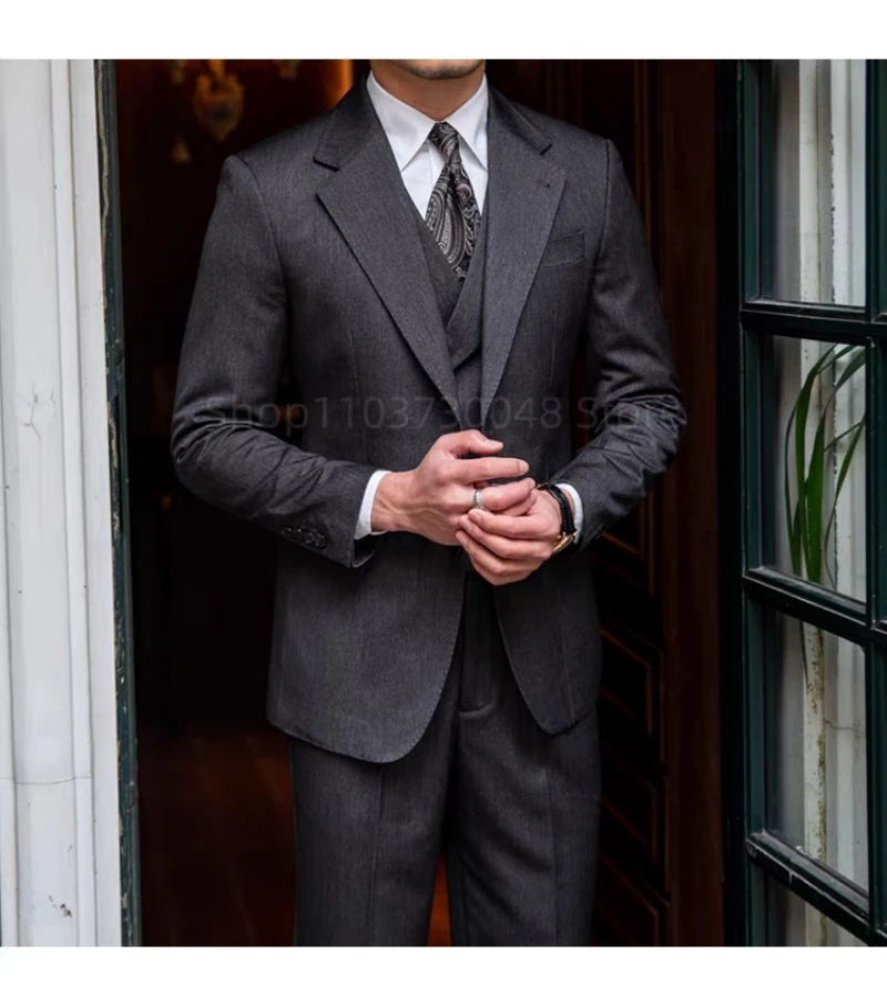 Elegant Dark Gray Men's Suits Gentleman Business British Suits Set Banquet Host Casual Wedding Business Suits(Blazer+Vest+Pants)