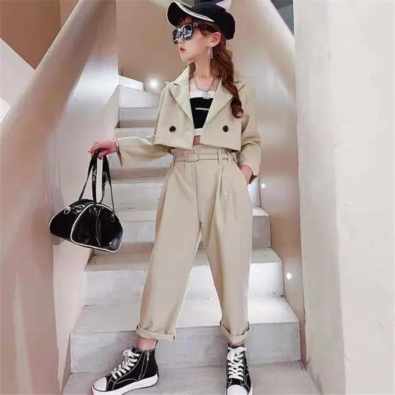 3-14Year Girls Blazer Suits Clothing Sets Spring Autumn Kids Jackets+Pants with Belt Fashion Loose Formal Teens Casual Outfits