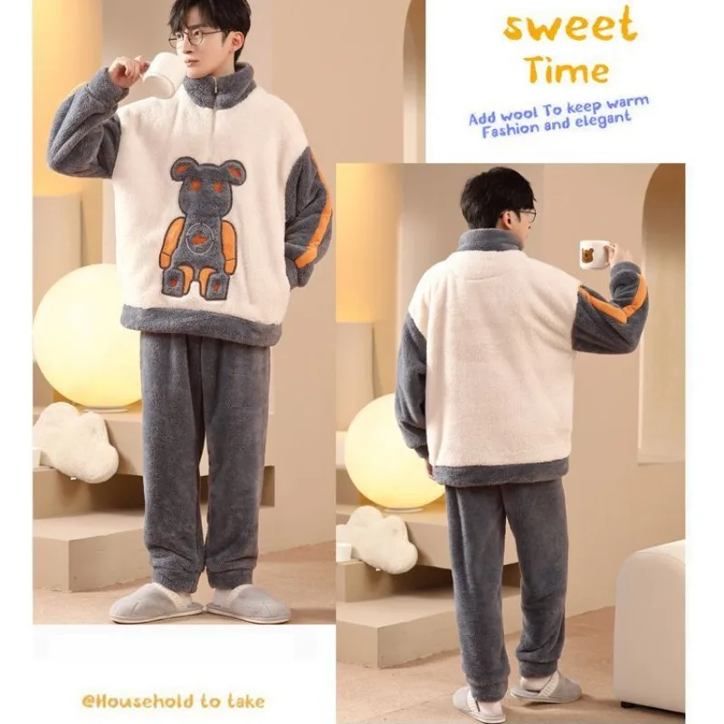 2024 New Coral Velvet Men's Winter Pajamas Plush and Thickened Sleepwear Cartoon Flannel Zipper Loungewear Set Warm Homewear