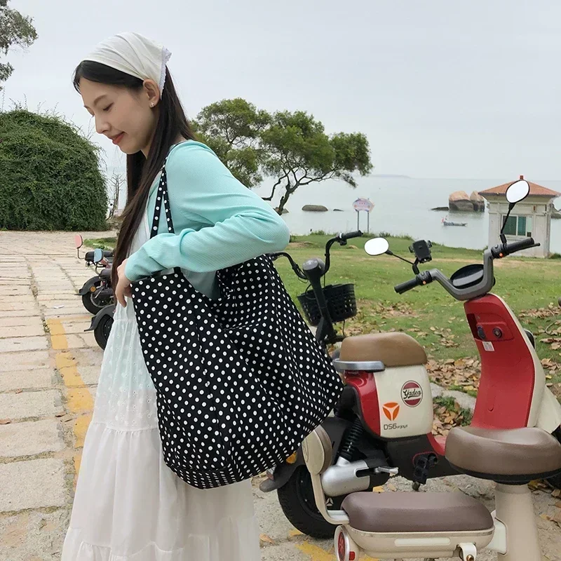 Large Capacity Retro Dots Canvas Commute Shoulder Bags Cute Lazy Style Casual Fashion Tote Bags for Women 2025 Spring Hot Sale