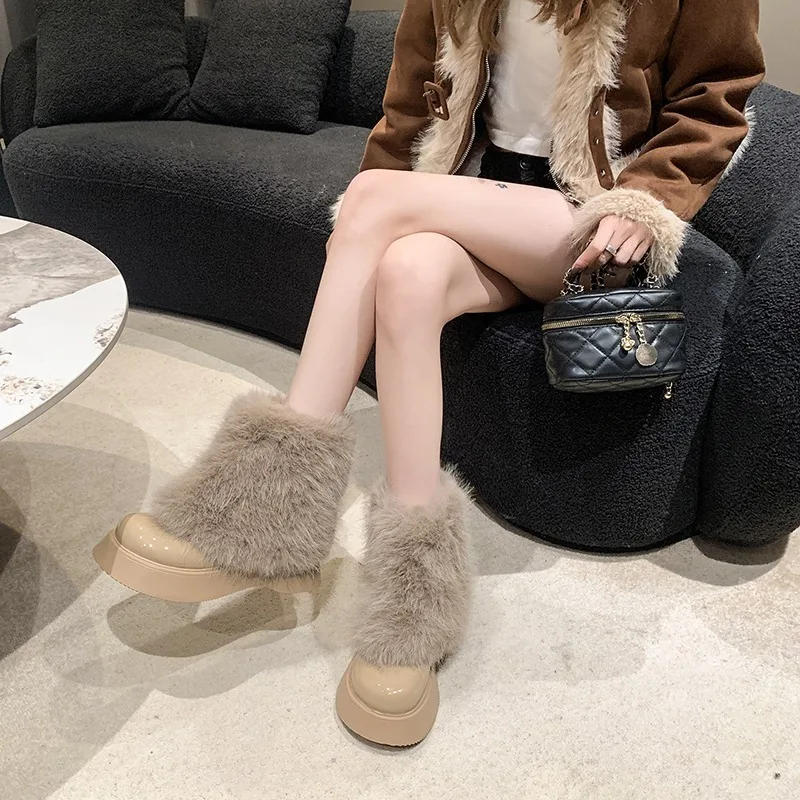 Winter Non-slip Warm Women Snow Boots Ladies Sexy Platform Thick Heel Mid Calf Booties Street Style Cotton Zip Women's Booties