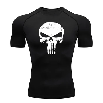 Skull Print Compression Shirts for Men Gym Workout Running Tshirts Sporty Athletic Quick Dry Tees Tops Short Sleeve Rash Guard 1