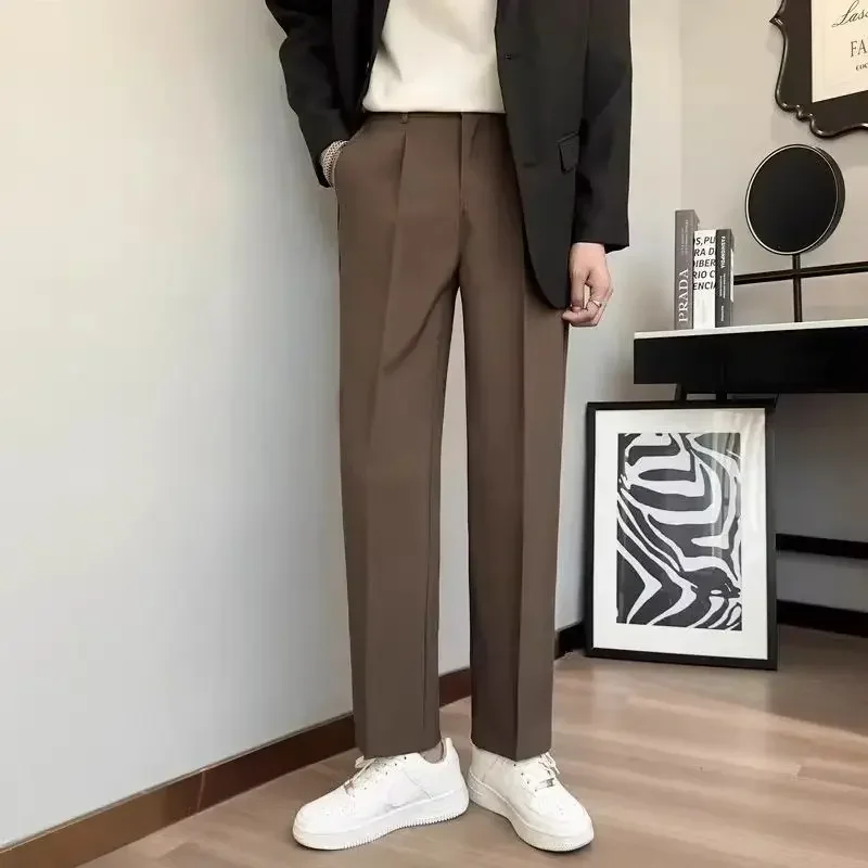 thumbnail image 1 of Pantalones de traje de talla grande para hombre, pantalones de verano rectos recortados de 9 pulgadas, tela elegante y con estilo, muchas reseñas coreanas de vestidos 2024, 1 of 5
