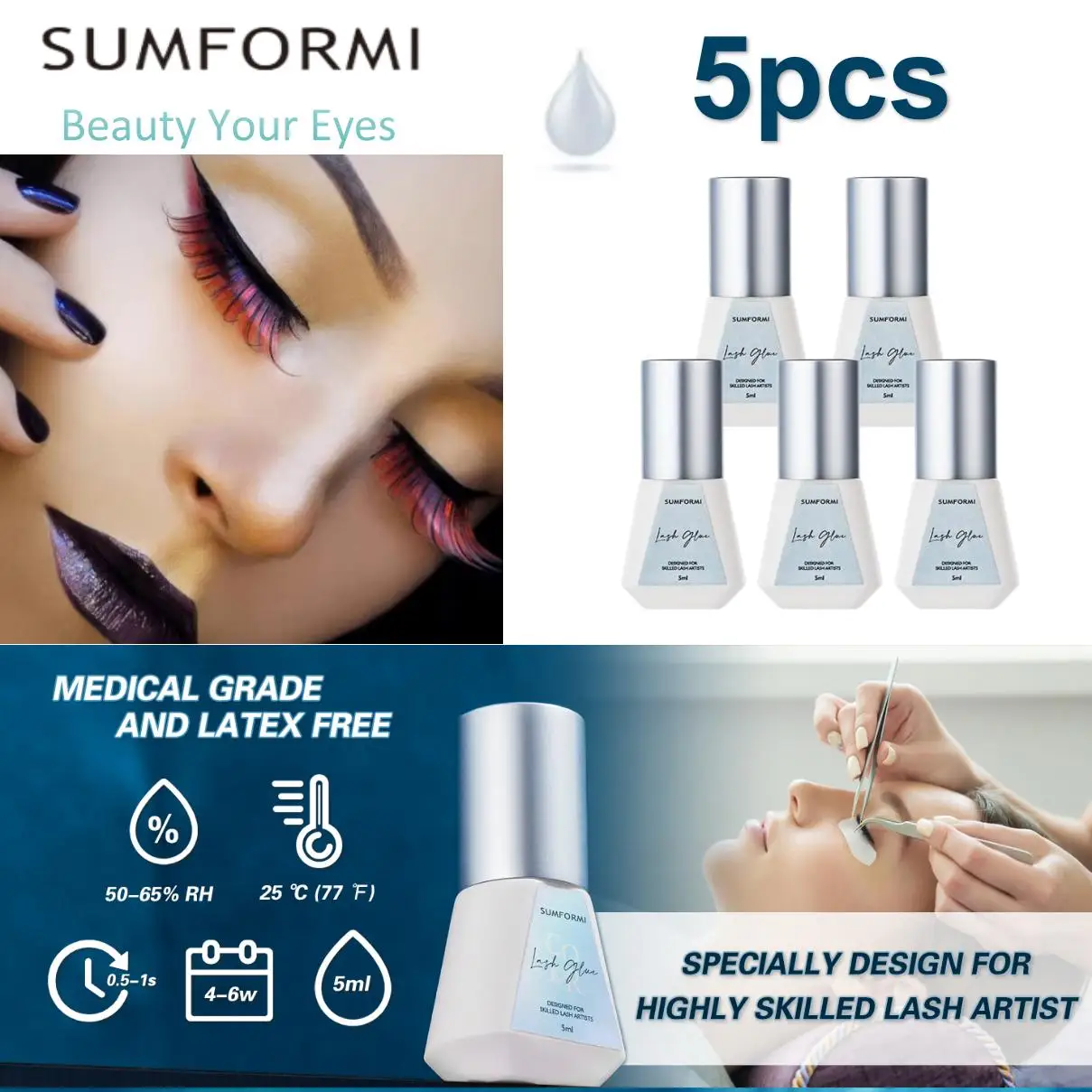

5pcs 0.5-1S Fast Dry Retention 4-6 Weeks Transparent Lash Extension Glue for Eyelash Extensions Blue Clear Professional Use Only