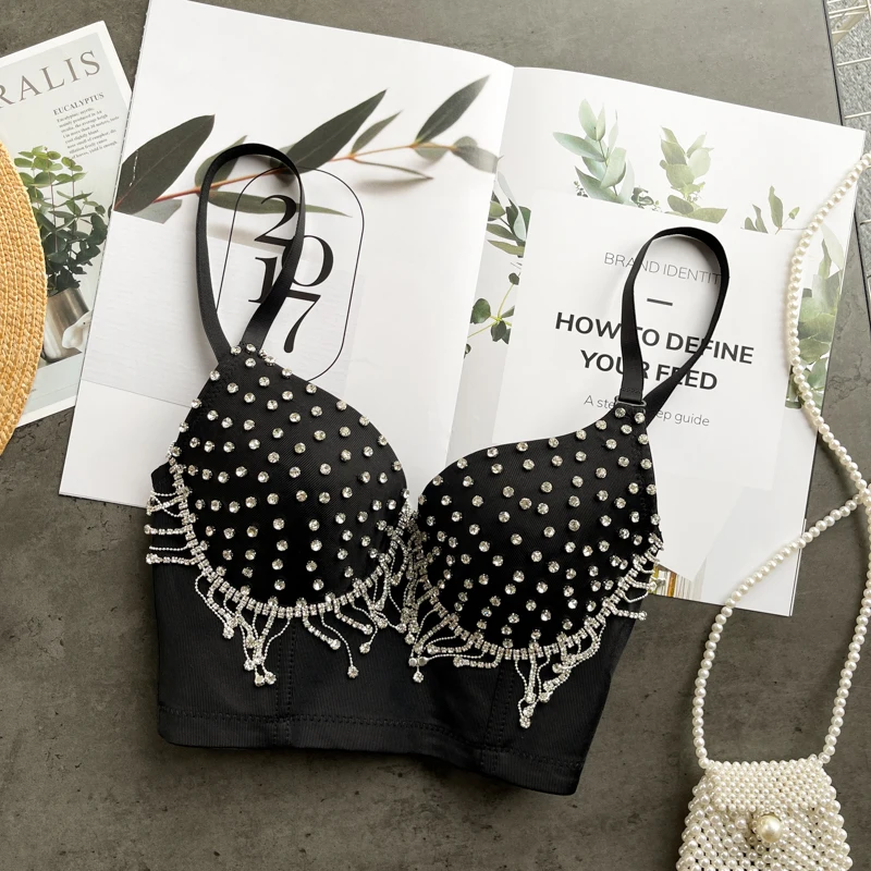 Description Picture 6 of itemNew Rhinestone Tassels Night Out Club Busiter Crop Top Black White Push up Bralette Summer Fashion Wear Out Corset Bustier Bra