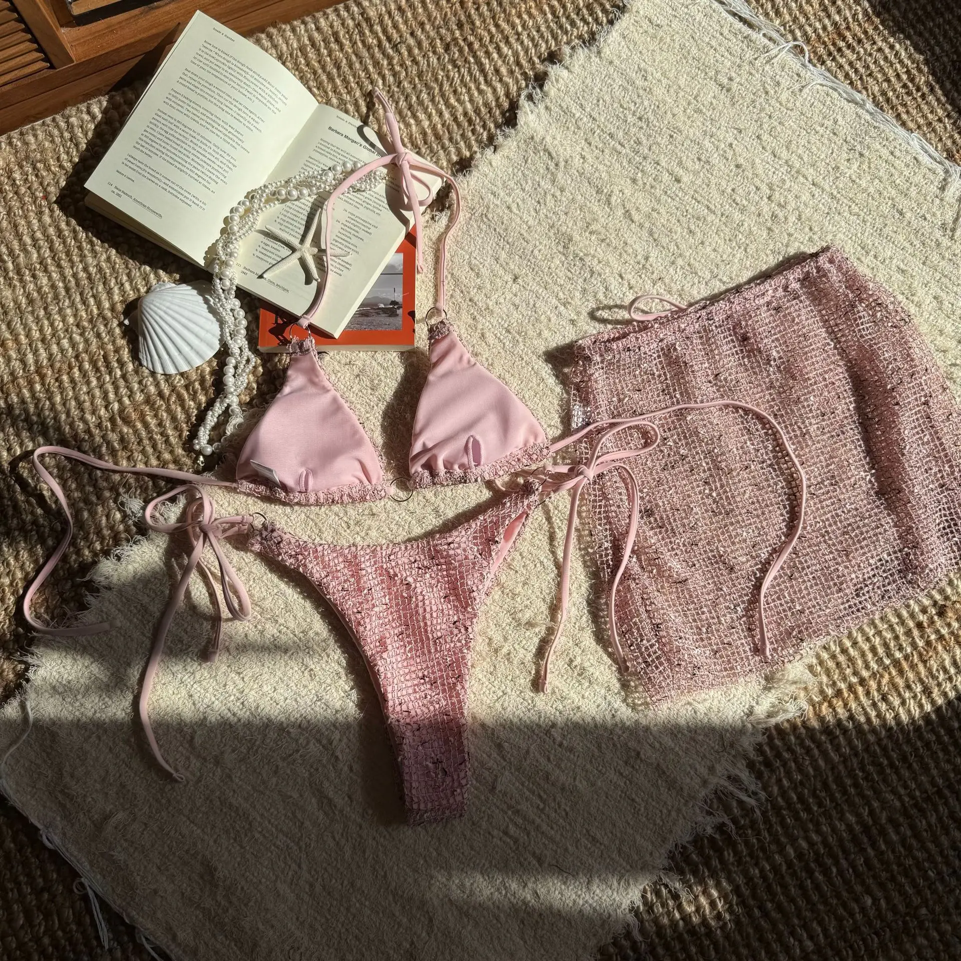 2025 New Summer Halter Bikini 3 Pieces Women Special Material Sexy Thong Swimwear with Sarong Skirt Solid Pink Beachwear