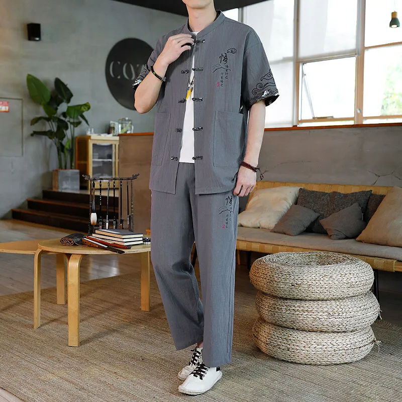 Summer Chinese Style Linen Tang Suit Men Shorts Tai Chi Uniform Retro V-neck Short Sleeve Print Shirt Pants 2 Piece Set 2