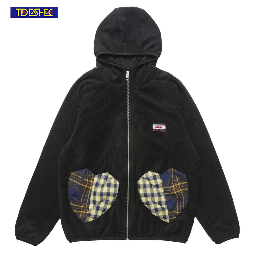 

Куртка с капюшоном в стиле Харадзюку, Осень-зима 2024, куртка на молнии в стиле пэчворк с карманами в форме сердца, уличная одежда, повседневные свободные пальто в стиле хип-хоп, 2024