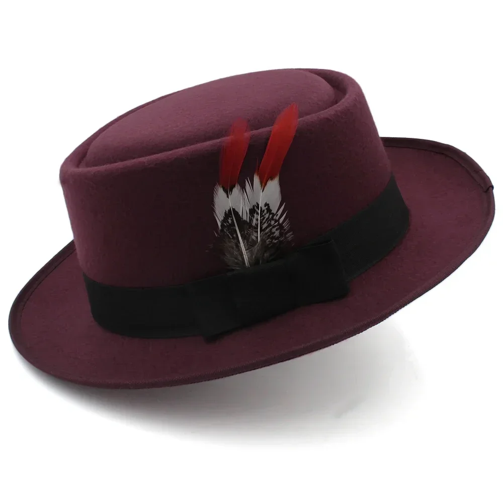 Männer Frauen Woolen Feather Band Pork Pie Hüte Retro Fedora Trilby Sonnenhut Street Style Caps Party Reisen Outdoor Größe US 7 1/4 UK L – Detail 13
