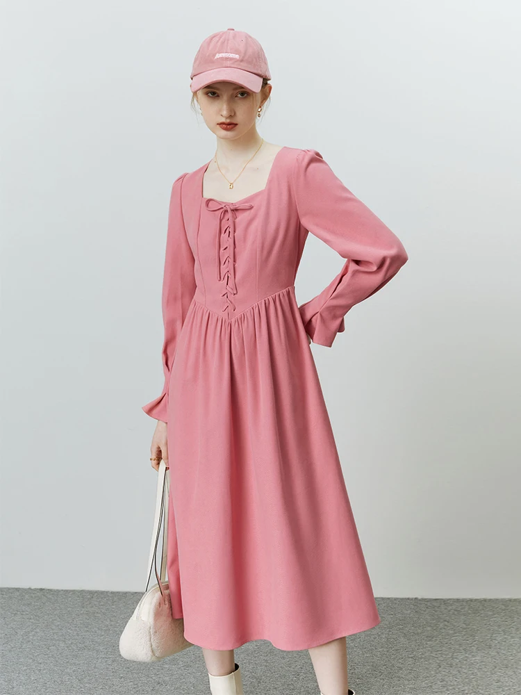 

FSLE French Retro Lace Up Dress Women's Autumn Winter 2022 New Long Sleeve Dress Black Pink Women Casual Office Lady Dress