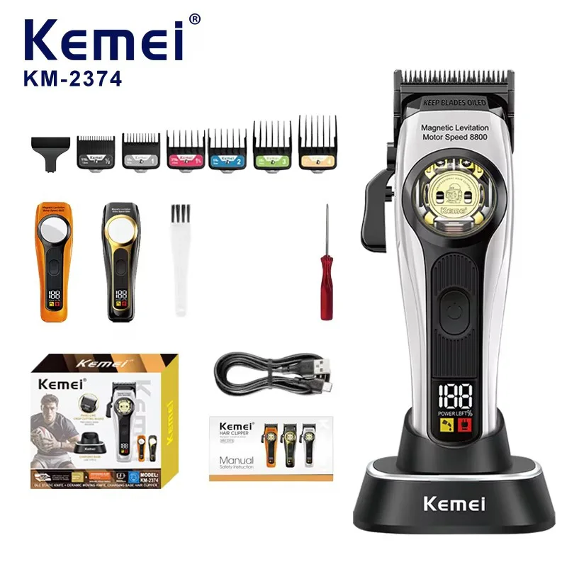 Kemei 2374 바버 페이드 헤어 클리퍼 전문 무선 헤어 트리머 전기 남성용 이발기 마그네틱 모터 8800RPM