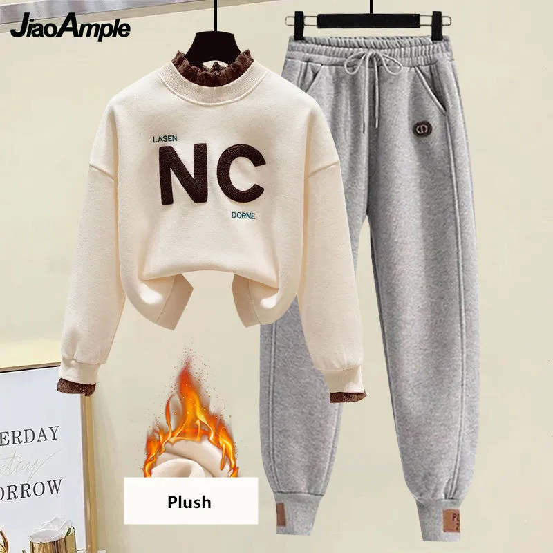 Women's Plush Casual Tracksuit Suit 2022 Autumn Winter New Loose Lace Fake Two-piece Sweater+Sports Pants Set Female Sportswear