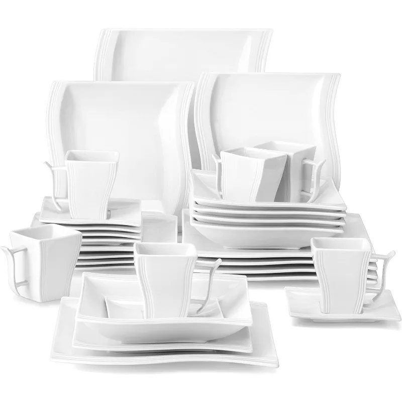 

Dinnerware Set, 30-Piece Porcelain Dinnerware Sets, Modern Square Dinner Set Plates and Bowls for Dessert, Salad, Cup Set