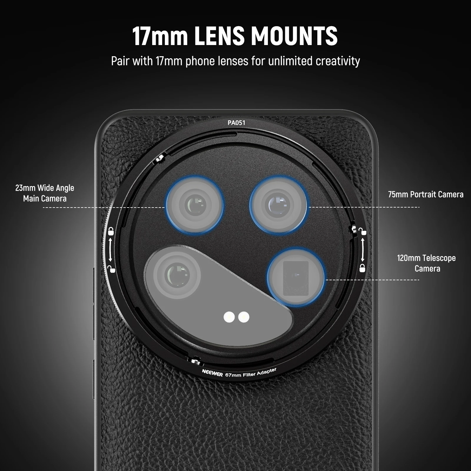 NEEWER Coque De Protection Robuste Avec Chargement Sans Fil, Supports D'objectif 17 Mm Et Adaptateur De Filtre 67 Mm, Similicuir TPU PC, Compatible Avec Xiaomi 14 Ultra, PA051, Noir