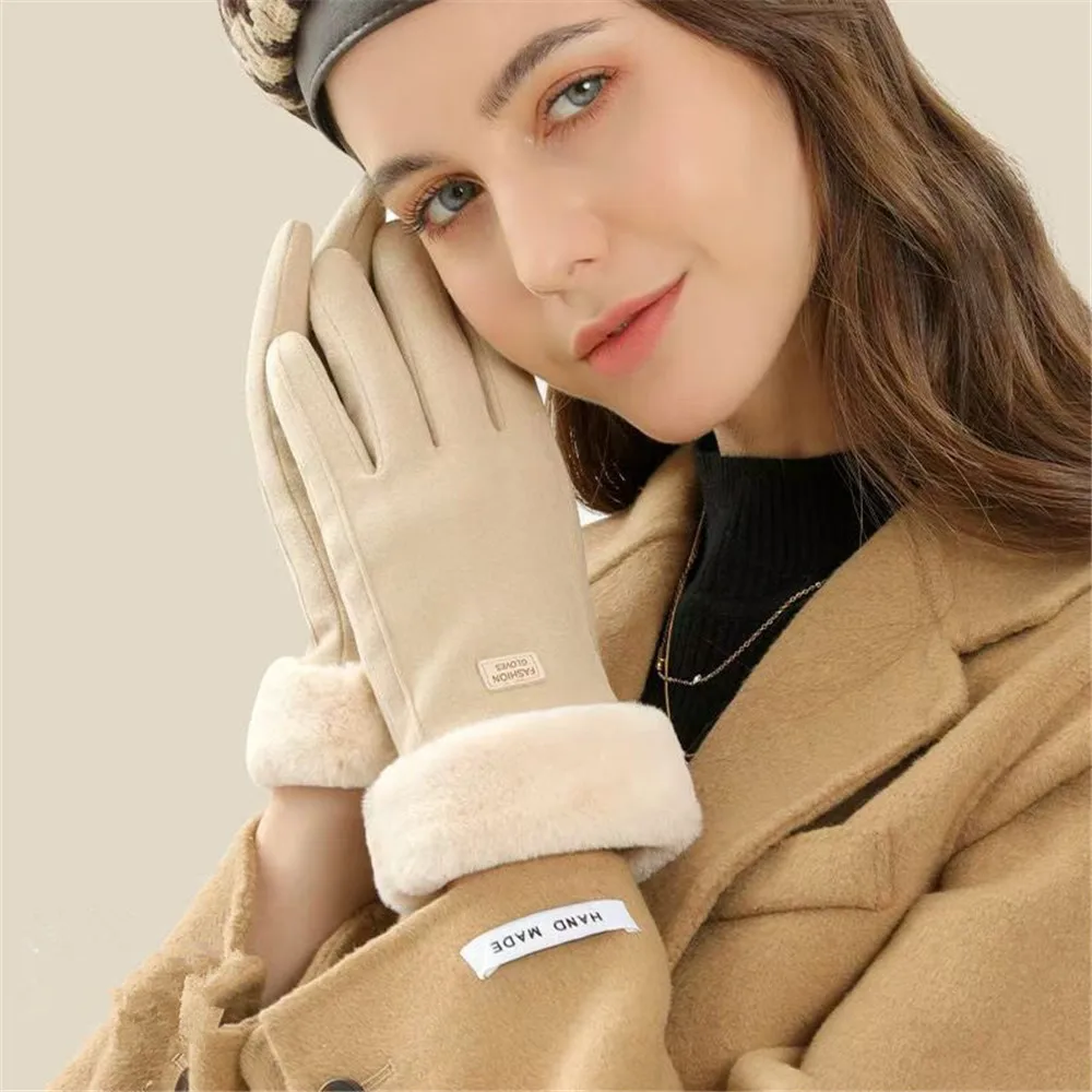 Women Winter Thick Plush Gloves Fashion Warm Suede Outdoor Touchscreen Driving Gloves Sports Cycling Mittens