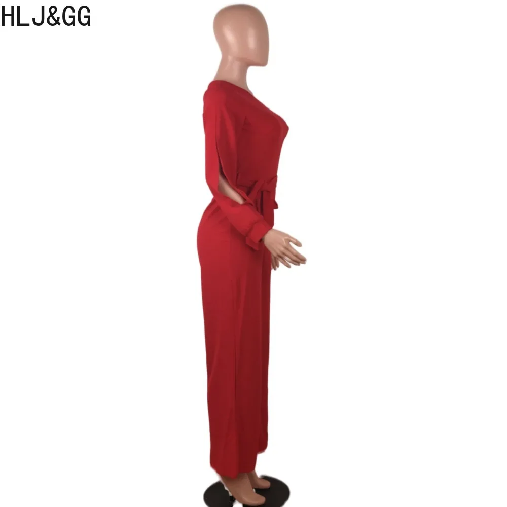 HLJ&GG Casual One Shoudler Bandage Jumpsuits Women Sleeveless Wide Leg Pants Overall Autumn Female One Piece Sporty Playsuits