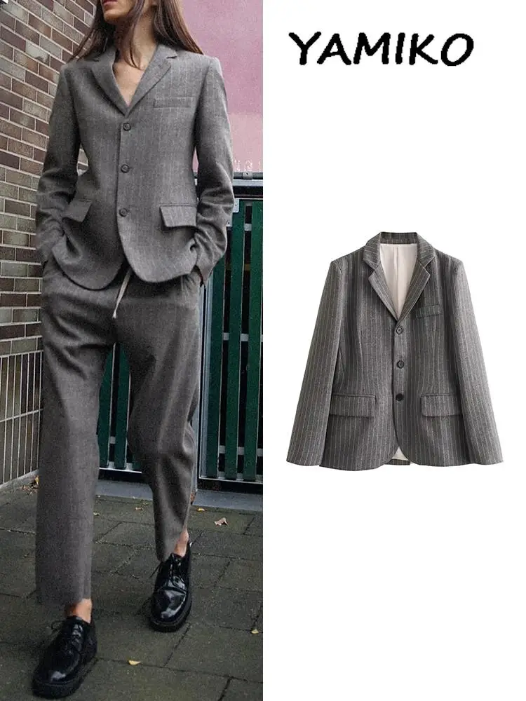 

Pinstriped Fashion Blazers For Women Notched Collar Long Sleeve Single Breasted With Flap Suit Coat Ladies Vintage Office Blazer