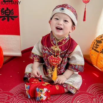 원피스 중국 당나라 세트 아기 왕관, 한푸 소년 생일 연회, 주 세트 잡는 전통 의상, 한 살 소년, 여름 신상