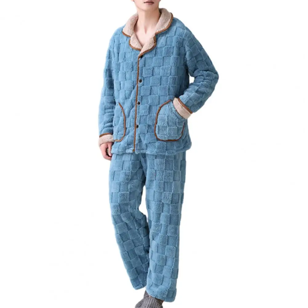 Men Plush Pajamas Set 2 Pcs/Set Winter Loungewear Thick Elastic Waist Pockets Coral Fleece Pants