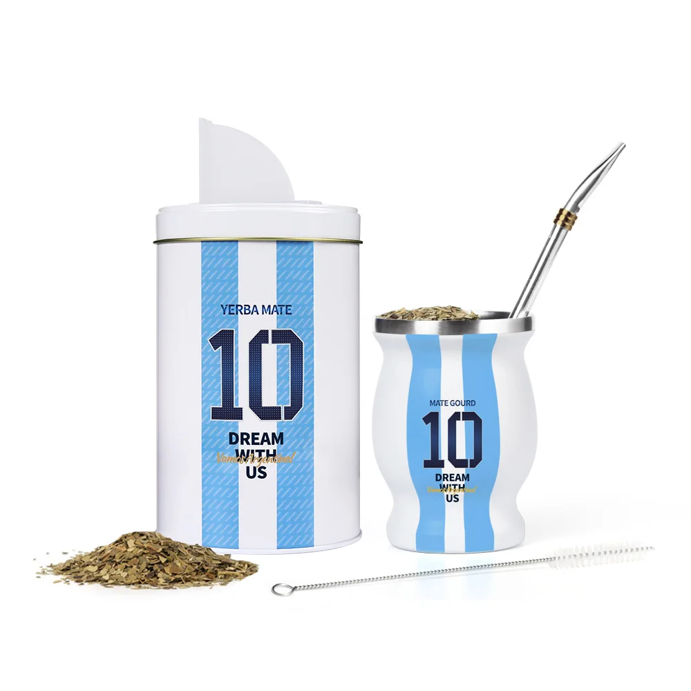 Yerba Mate Cup Set Included Argentina Football Captain No.10 Style Yerbero Stainless Steel Mate Gourd and Bombilla Straw