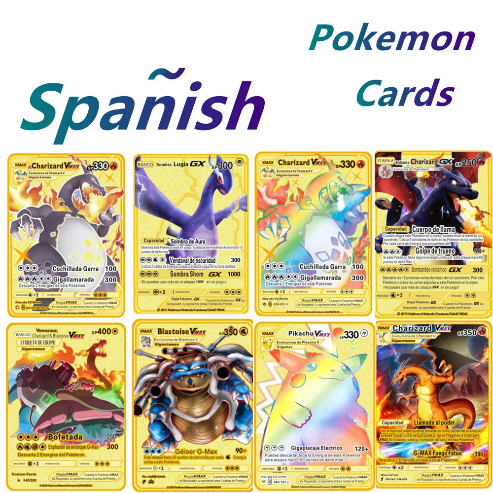 New Pokemon Cards in Spanish Charizard Vmax GX Metal Gold Cards