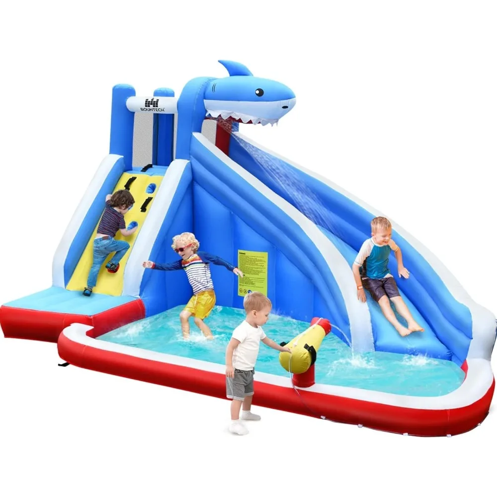 

Inflatable Water Slide, Shark Themed Waterslide Park for Kids Backyard Outdoor Fun w/Long Slide, Climbing