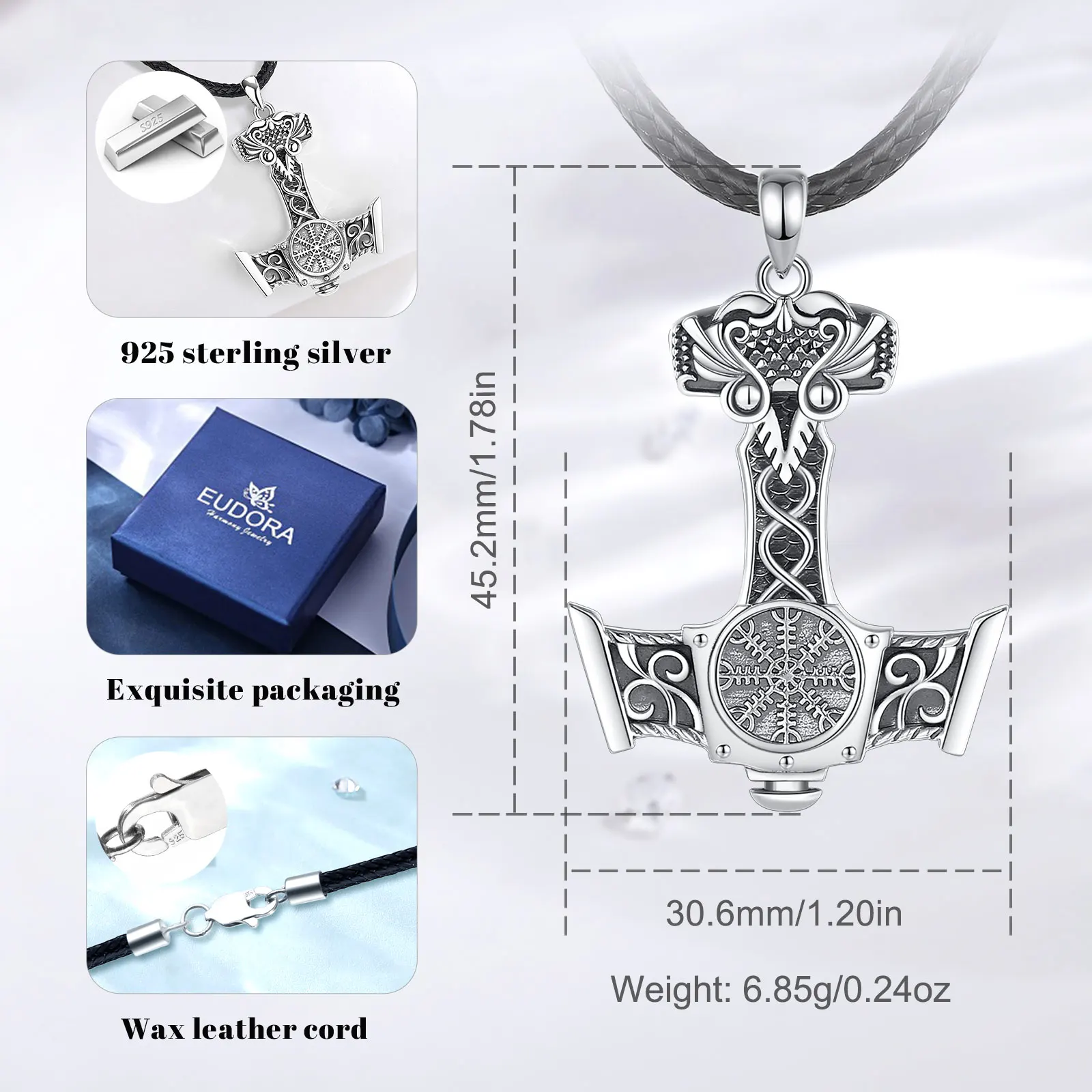 925 Sterling Silver Norse Viking Thor's Hammer Necklace Vintage Compass Mjolnir Amulet Pendant Man Gift pendant necklace silver necklace silver pendant silver necklace charms