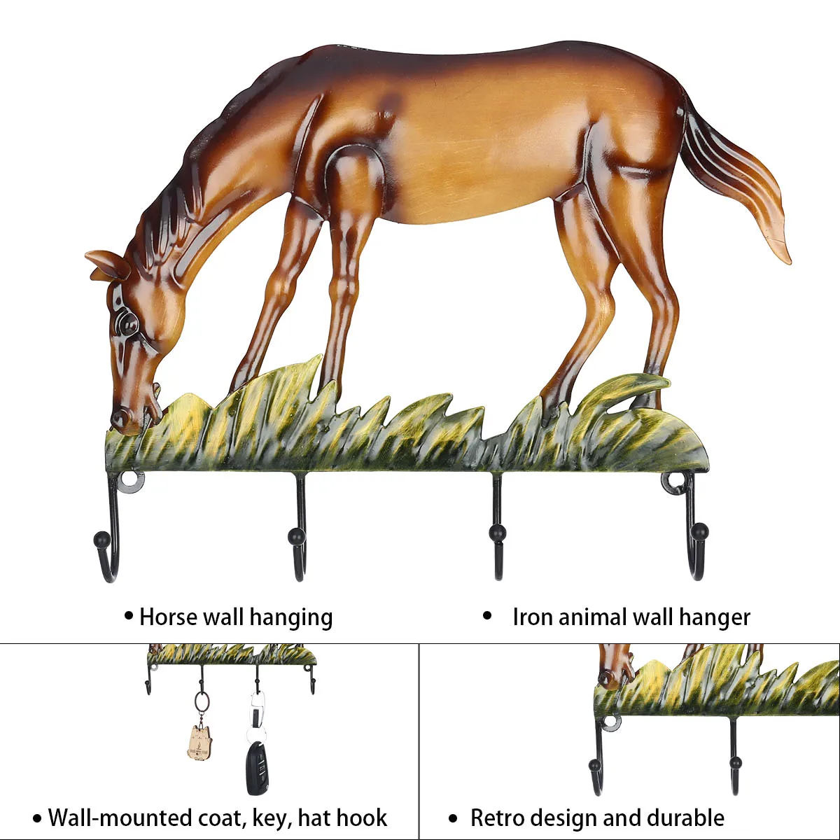 Tooarts Horse Wall Hook Decorative Iron Wall Hanger Wall Mounted Coat, Key, Hat Hook Vintage Design Hanger with 4 Hooks Screws