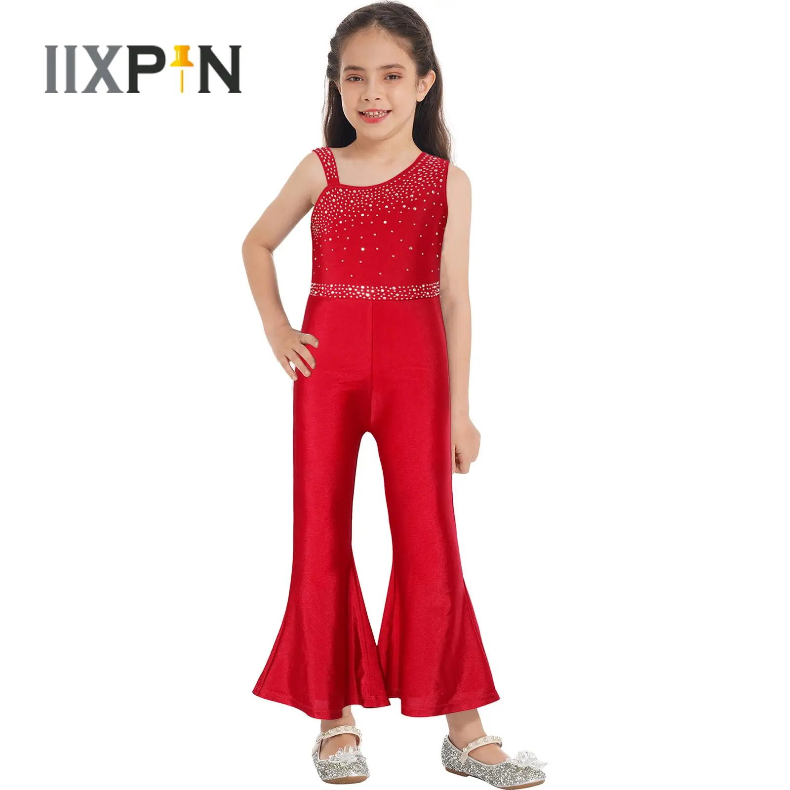 

Kids Girls Shiny Rhinestone Gymnastics Jumpsuit Sleeveless Oblique Shoulder Wide-leg Bell-bottom Dancewear Ballet Dance Costumes