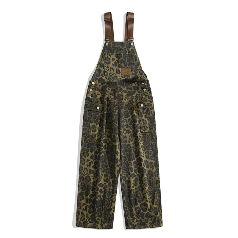 

Fashionable Handsome Leopard Printed Overalls Men's Loose Casual High Street Straight Workwear Denim Trousers Male Clothes