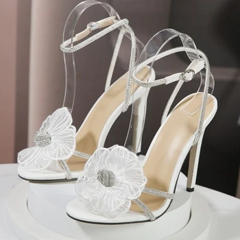 Luxury Rhinestone Flower High Quality Shoes Sexy Open Toe Ankle Strap Large Size Women Sandal Elegant Design Buckle Wedding Shoe
