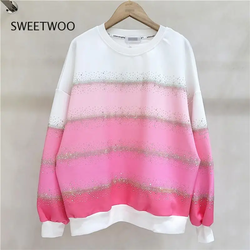 Hot Drilling Pink Pullover Sweatshirt Women Hoodies 2022 Spring New Tracksuit Fashion Elastic Casual Pants Female Two-Piece Set