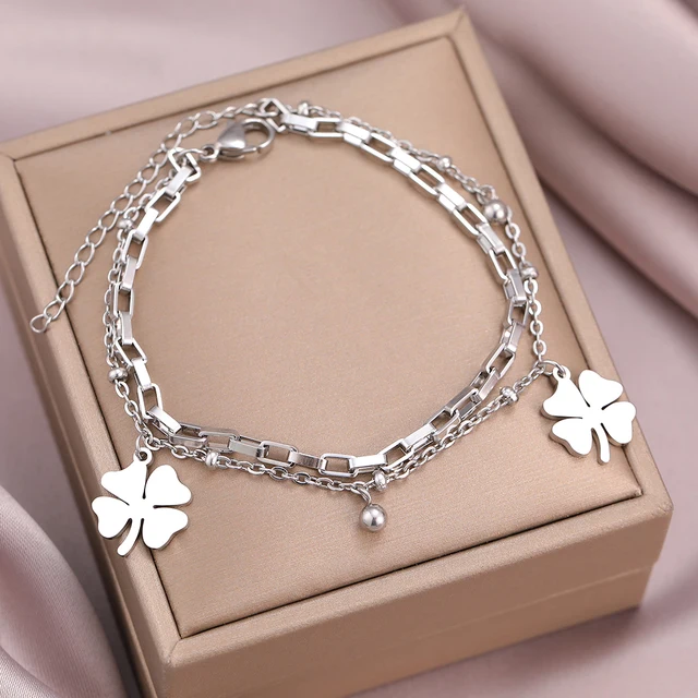 Stainless Steel Bracelets Trendy Fine Bell Clovers Pendant Beads Layer