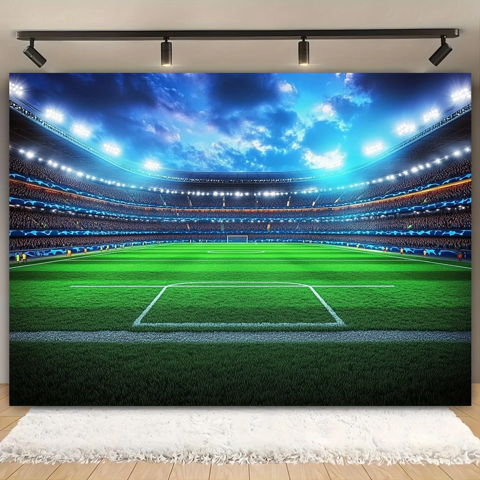 One polyester banner for the night decoration background of a football field, the entire stadium scene, birthday decoration
