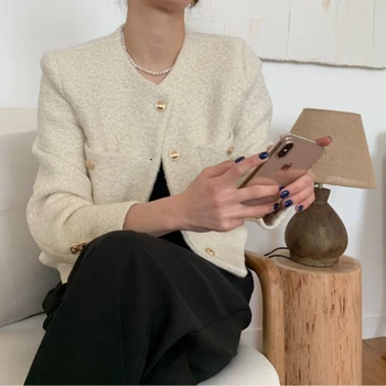 معطف نسائي لخريف وشتاء فرنسي عتيق لعام 2025 معطف كوري عالي الجودة غير رسمي بصدر واحد سترات تويد ضيقة 4