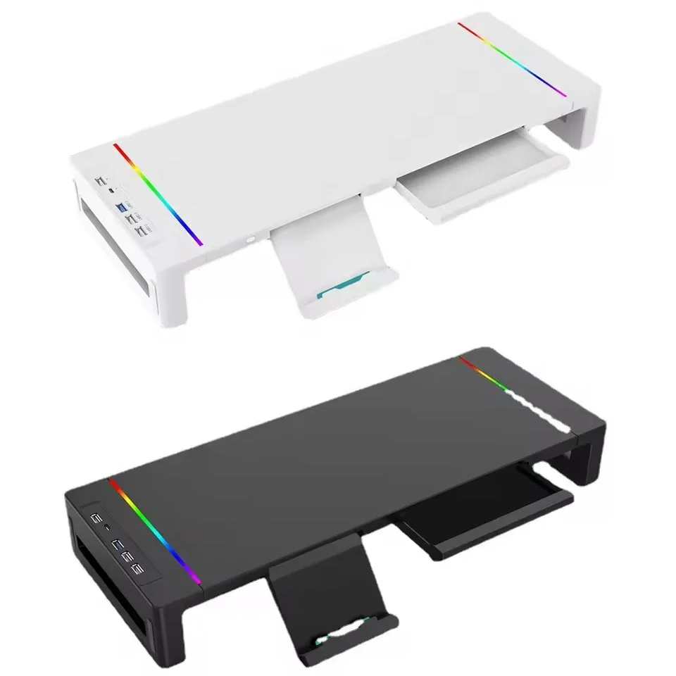 다기능 컴퓨터 모니터 스탠드 라이저 (RGB 조명 및 고속 충전 인터페이스 포함, 높이 조절 가능 데스크 선반 라이저)