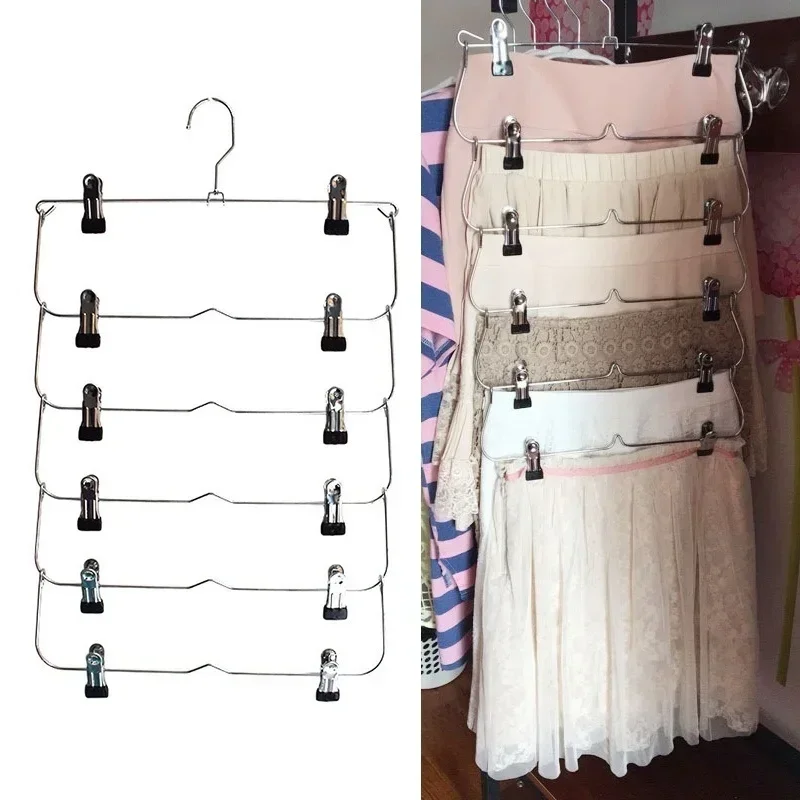 1PCS 6 Layer Clothes Hangers Multilayer Skirt Trouser Hanger for Pants Non Slip Metal Hanger Clips Clothing Storage Rack Holder