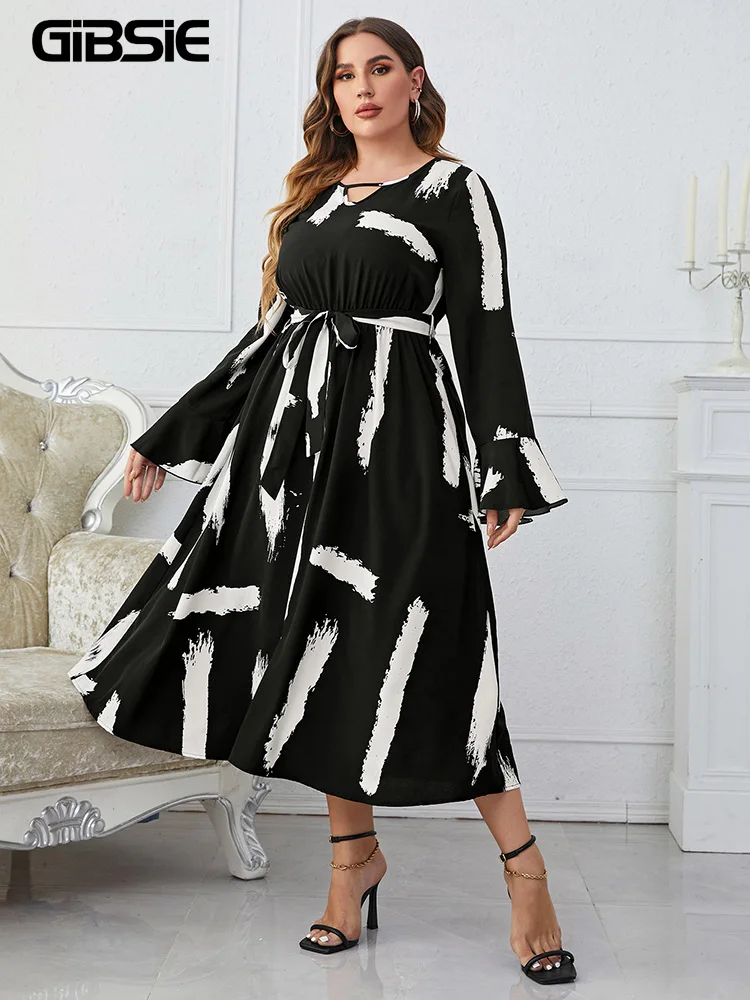 

GIBSIE Plus Size Keyhole Neck Print Belted Dress Women Spring Full Flare Sleeve Elastic A-line Female Casual Long Dresses 2023