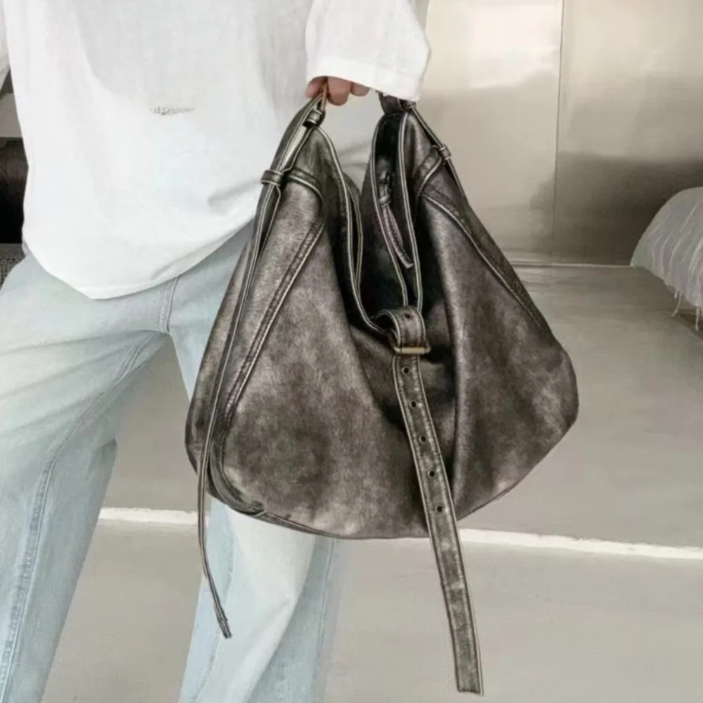 Women's Fashion Vintage Washed Soft Leather Tote Bag Large Capacity Commuter Multi-Pocket Shoulder Messenger Bag