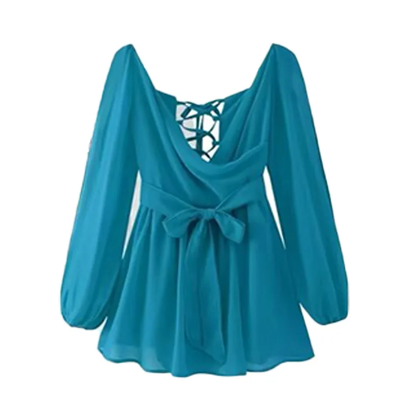 thumbnail image 1 of HH TRAF Vestido corto femenino elegante de verano de gasa con aberturas y lazo con cordones, vestido elegante de manga larga para vacaciones en la playa para mujer, 1 of 5